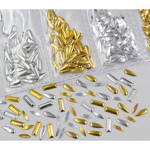 1 Pack Mix 3 Shapes Gold Silver 3D Rectangle Drop 2D Marquise Metal Studs Nail Art Rhinestone Gems Decorations DIY Salon Tip 22