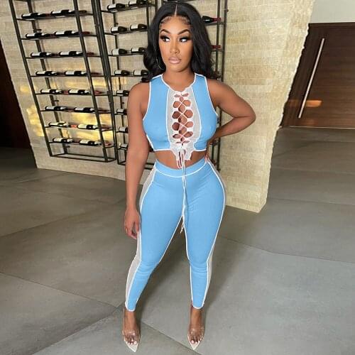 Contrast Color Lace Up Hollow Out Bandage Tank Tops and Pencil Legging Jogger Pant for Women Hipster Loungewear Two Piece Set