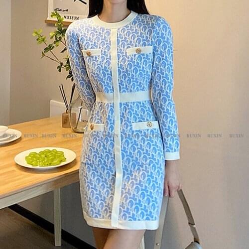 Knitting Dress Mini Women Sweet Vintage New Female 2021 Autumn Winter Gentle Wind Temperament Show Thin Waist Skirt Pullover