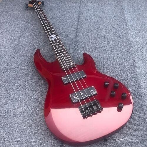 High-quality 4-string electric bass, tiger maple veneer, red paint, maple neck rose fingerboard