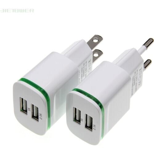 EU US Plug 2 Ports LED Light USB Charger 5V 2A Mobile Phone Wall Adapter for Samsung Xiaomi Huawei Charging Device 100PCS/LOT