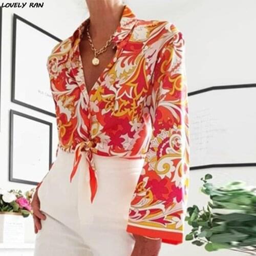 Women Floral Print Long Sleeve Blouses Top Shirts Fashion Flared Sleeve Irregular Lace Up Casual Shirt Autumn Party Ladies Wear
