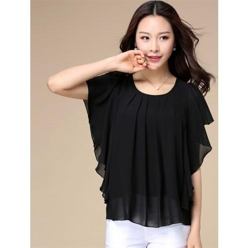 Women Chiffon Blouse Solid Loose Shirt Fashion Summer O-Neck Batwing Short Sleeves Tops Female Shirt Top Plus Size M-7XL 8XL