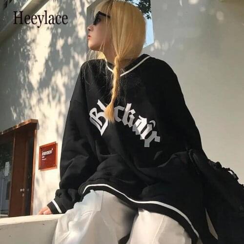 Goth Y2K Oversized Women Hoodies Harajuku Vintage Black V-neck Pullover Long-sleeves Fashion Top Streetwear Sweatshirts