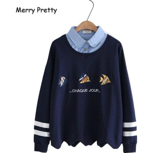 Merry Pretty Womens Cartoon Fish Embroidery Hoodies Sweatshirts 2020 Winter Long Sleeve Turndown Collar Fake 2 Pieces Pullovers