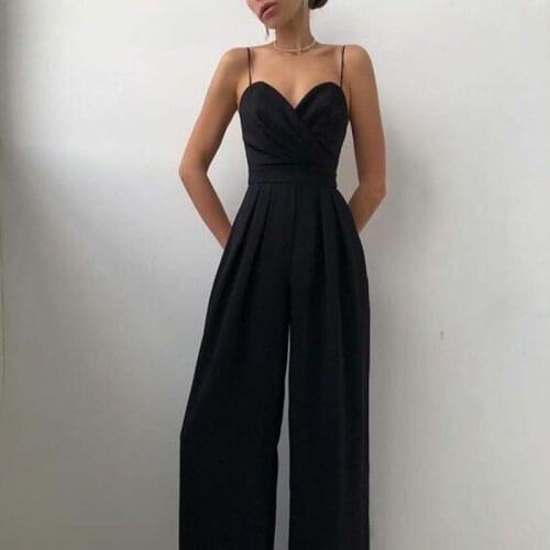 2021 Summer Solid V Neck Jumpsuit Sexy Women Sleeveless Backless Romper Elegant Ladies Fashion High Waist Wide Leg Playsuits