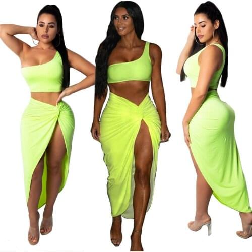 2021 Summer Womens Fashion Suit Pleated Solid Color Skirt One-Shoulder Vest Casual Suit Two-Piece Suit