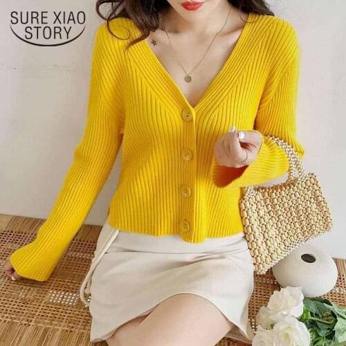 Autumn Womens Knitwear Sweater Cardigan V-neck Long Sleeve Sweater Women 2021 Korean Style Short Chic Office Pull Femme 11036