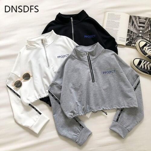 Stand Collar Zipper Letter Hoodies Women Long Sleeve Crop Sweatshirts Autumn Casual Street Loose Short Hoodie Top Grey Black