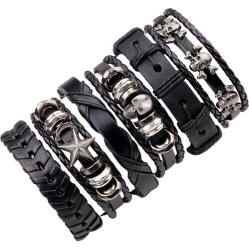 2021 New Style 6pcs/set Leather Bracelet Men Multilayer Punk Skull Star Charm Wrap for Women Vintage Bracelets Gifts
