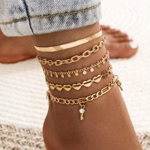 5 Piece/ Set Anklet Punk New Hollow Love Anklet Snake-shaped Chain Zircon Key Tassel Multi-layer Anklet Set Jewelry for Women