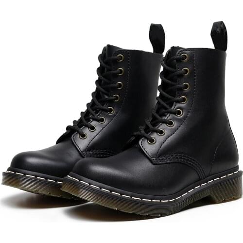 Genuine Leather Ankle Women Boots Autumn Winter Round Toe Lace Up High Top Fashion Warm Snow shoes Motorcycle Boots black Couple