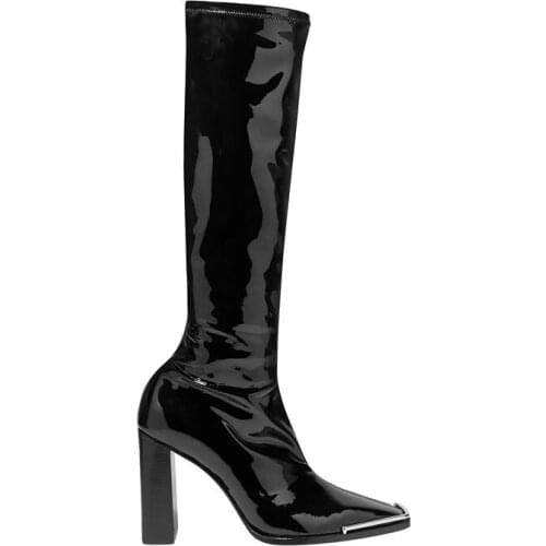 Patent Leather Boots Women Square Toe Chunky Heels Ladies Shoes Zipper Botas Famous Brand Knight Boots New 2021 Zapatos Mujer