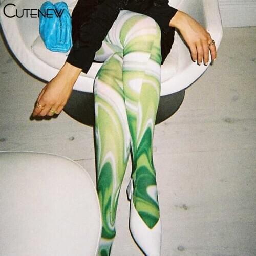 Cutenew Casual Aesthetic Print Foot Pants Women 2021 Spring New Medium Waist Skinny Body-Shaping Leggings Street Style Trousers