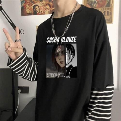 Harajuku Japan Anime Sasha Braus Attack On Titan T-shirt Sumemr Streetwear Korean Fashion Fake Two Striped Long Sleeves T Shirts