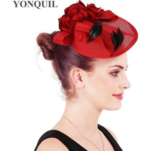 Imitation Sinamay Red Fascinator Accessories Party Dinner Hats With Peals Headwear Hats Women Cocktail Church Event Millinery