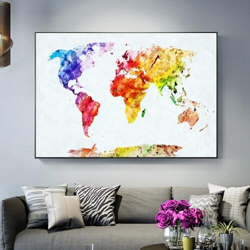 Watercolor World Map Canvas Paintings On The Wall Posters And Prints Abstract Map Wall Art Prints For Living Room Cuadros Decor
