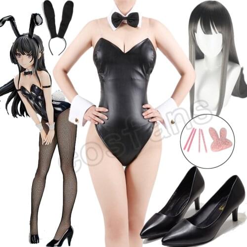 Anime Sakurajima Mai Cosplay Costume Halloween Women Black Sexy Jumpsuit Rascal Does Not Dream of Bunny Girl Senpai Wig Shoes