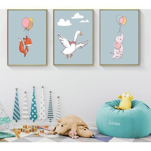 Woodland Fox Bunny Elephant Prints Fly Animal with Ballon Wall Art Canvas Painting Nordic Posters Wall Pictures for Living Room