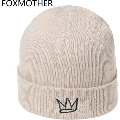 FOXMOTHER New Fashion Woman Lady Warm Knitted Winter Hat Black White Crown Embroidery Beanie Hat Unisex Cap