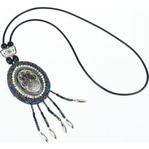 Oval resin tassel ethnic pendant necklace & Beach style long big statement necklace & handmade Delicate clothing accessories
