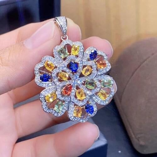 Natural color sapphire necklace. Rare gem high-end lady jewelry. 925 silver luxury design