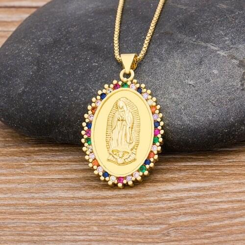 High Quality Rainbow CZ Stone Virgin Mary Necklaces Pendant Copper Chain Christian Jewelry For Women Christmas Birthday Gift