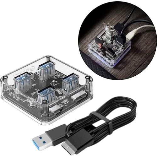 Transparent Chassis HUB 4 Ports USB3.0 Adapter Splitter Expansion, Transmit data via USB up to 5Gbps