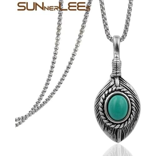 SUNNERLEES NEW Fashion Jewelry Stainless Steel Punk Feather Pendant Necklace Link Chain Optional For Mens Womens SP58