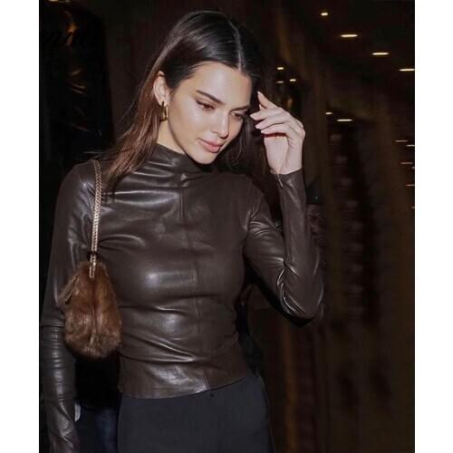 Hbenna PU Leather Brown T-Shirts Women Long Sleeve Top Zipper O-Neck Skinny Autumn Pu Shirts Women Fashion Solid Streetwear Tops
