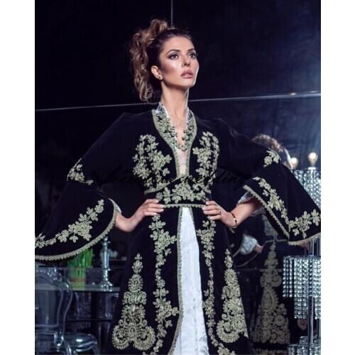 Traditional Kosovo vestidos formales Arabic Black Velvet Evening Dresses Flared Sleeves Applique Prom Party Dress robe de soirée