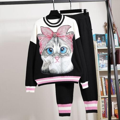 Heavy Work Rivet Beaded Patch Print Cat Knit O neck Pullover Sweater Tracksuit Set Long Pencil Pants Female Casual Knitted Sets