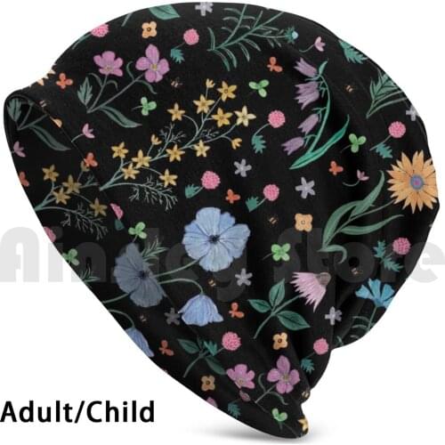 Spring Garden Tossed Pattern , Dark Background Beanies Knit Hat Hip Hop Watercolor Gouache Floral Flowers