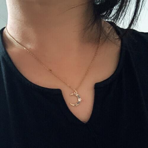 Vintage Multi Color Zircon Moon Horns Pendant Charm Necklace for Women Boho Stainless Steel Link Chain Small Choker Necklace