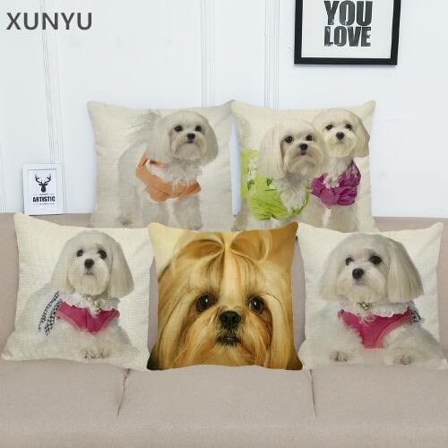 XUNYU Cute Shih Tzu Pattern Linen Pillow Case Decortive Cushion Cover Home Sofa Square Pillow Cover 45x45cm BZ175