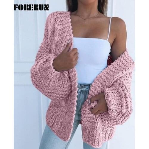 FORERUN Women Cardigan Sweater Solid Twist Knitted Oversized Kimono Cardigan Long Sleeve Top Sweater Mujer 2021