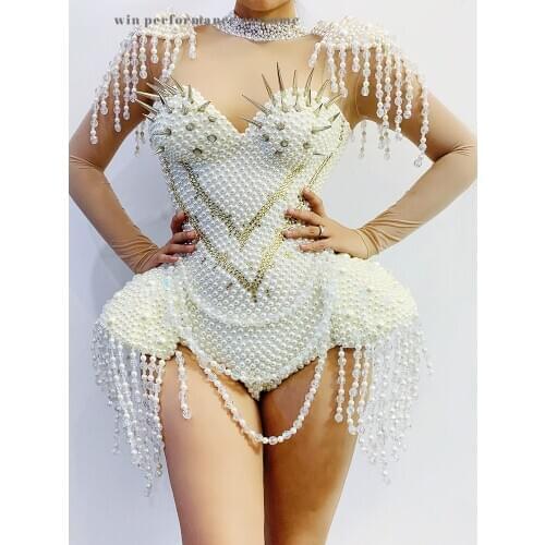 Band Rock Punk Rivets Pearls Tassel Party Bodysuit Women White Sexy Fringes Dancer Nightclub Showgirl DJ Singer Costumes