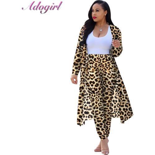 Two Piece Set Women Casual Leopard Print Cardigan Long Trench Tops+Skinny Pants Set Suit Autumn Winter Outfits Tracksuit Jacket