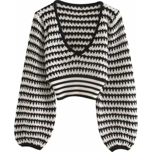 2021 Spring and Autumn New Striped Thin Section Deep V-neck Lantern Sleeve Short Top Fashion Trend Ladies Pullover Knitwear