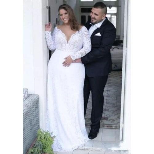 Plus Size Lace Wedding Dress Long Sleeve V Neck Backless mermaid Bridal Dress 2021 Vestido De Novia Robe De Mariee