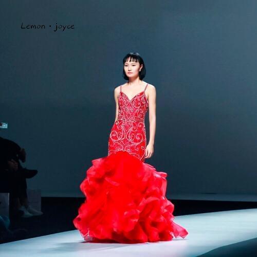 Lemon joyce Formal Evening Dresses Long 2020 Sexy Sleeveless V-neck Beading Party Prom Gowns Plus Size