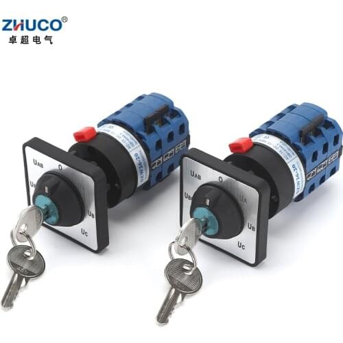 ZHUCO SZW26/LW26-20C YH5.3Y 20A 3 Poles 7 Positions Voltmeter Selector Rotary Cam Changeover Switch With Key