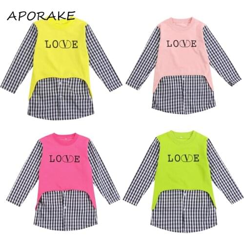 2021 4-9Y Fashion Kids Baby Girl Patch Long Shirt Letter Plaid Print O Neck Button Top Spring Autumn Toddler Pullovers