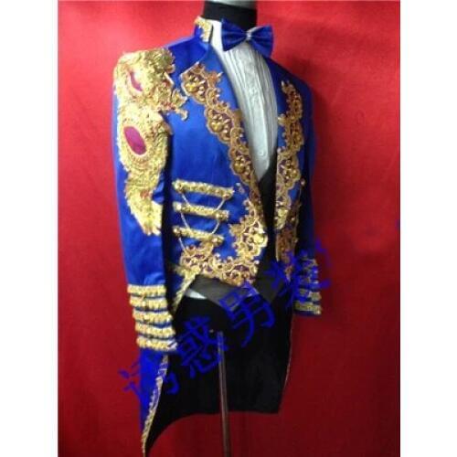 Free shipping mens royal blue golden embroidery swallow tail tuxedo jacket/stage performance/only jacket/can customs size