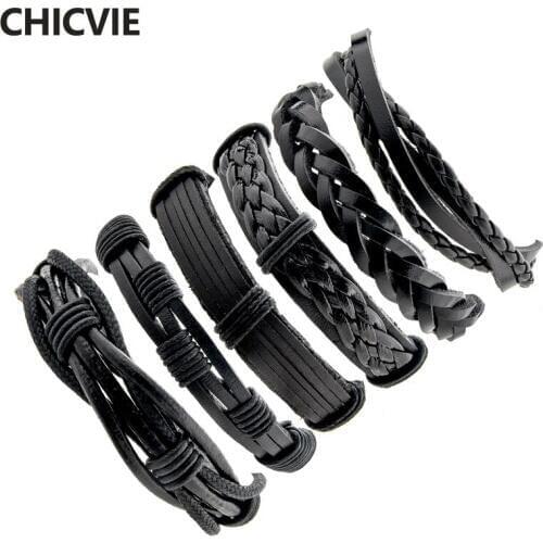 CHICVIE Black 6 PC/SET Charms Mens Leather Bracelets Bangles For Women Punk Bracelets For Jewelry Making Bracelet Cuir SBR180123