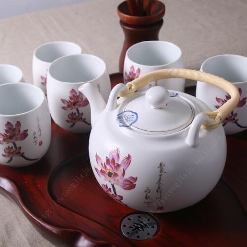 Jingdezhen Ceramic 7-head tea set with beams, lotus flower, gentlemans Kung Fu Tea Set