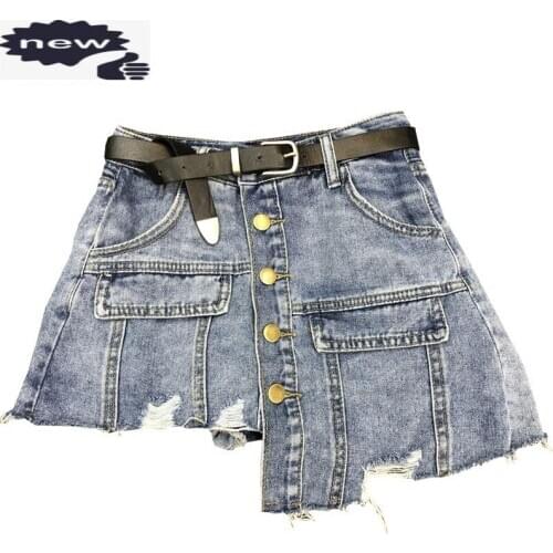 Women Harajuku Irregular Jeans Skirts Korean Buttons High Waist Kpop Denim Short Pants Casual Ripped Streetwear Shorts