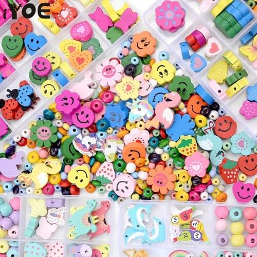 IYOE Natural Wood Flower Heart Smiley Animal Wooden Beads Set Loose Spacer Wood Beads Kit For Jewelry Making Kids Necklace Gift