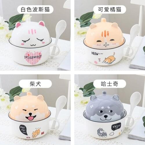 Ceramic Instant Noodle Bowl with Cover Single Large Student Dormitory Lovely Instant Noodle Cup Bowl Lovers Set Soup Bowl