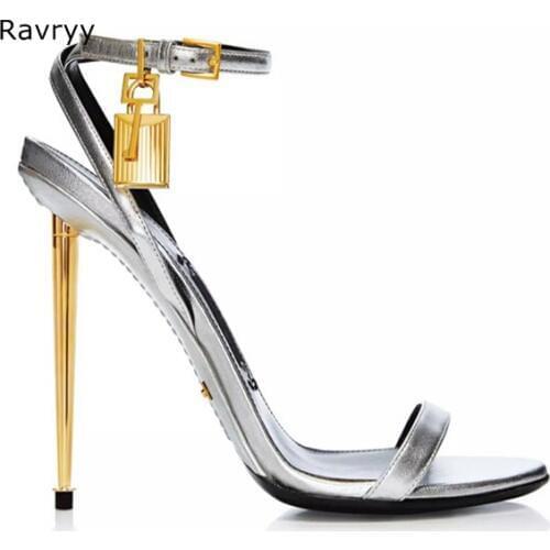 Summer Woman sandals new style name brand celebrity Metallic Ankle-Lock Sandal gold stiletto heel shoes padlock high heels